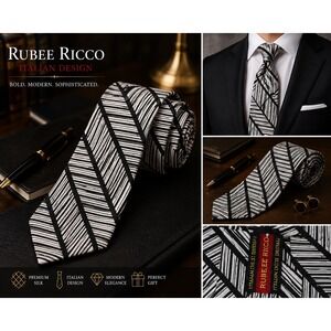 Rubee Ricco Italian Design Black White Geometric Silk Necktie Modern Tie